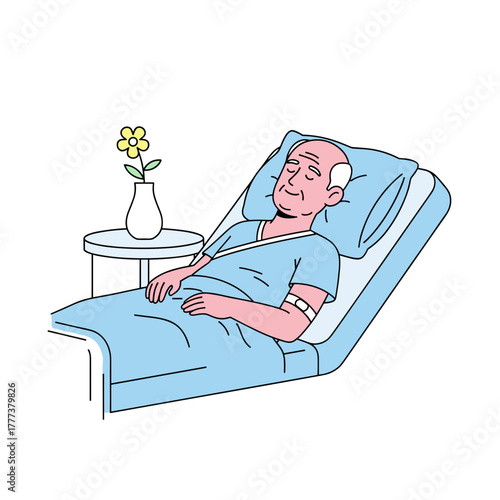 Elderly man resting in hospital bed with flower on bedside table  