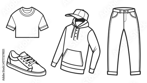 Illustration of a t shirt, hoodie with cap, pants, and a shoe in black and white outline style created with generated ai