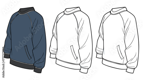 Illustration showing three sweatshirts in different colors and line art styles on white background created with generated ai