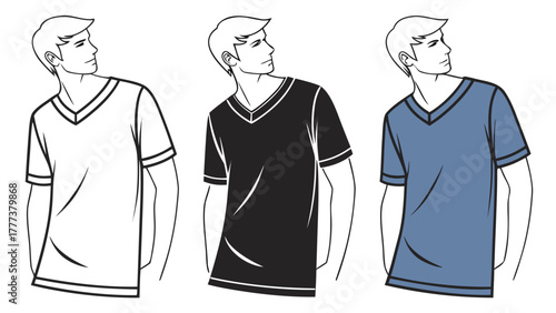 Three men in v neck t shirts in white black and blue looking over their shoulders in a line art style created with generated ai