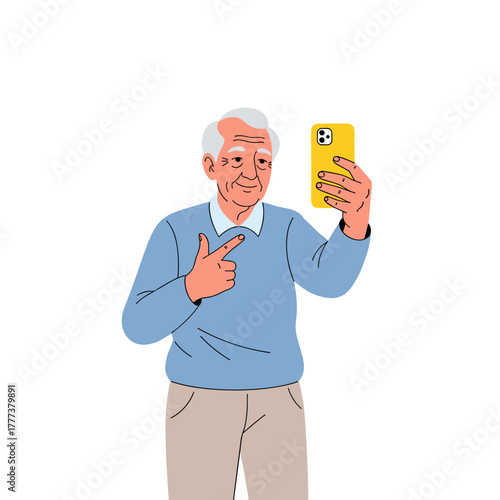 Elderly man taking selfie while smiling and pointing at phone  