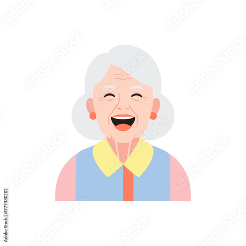 Elderly woman smiling with gray hair and colorful shirt  