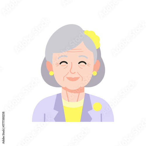 Elderly woman smiling cheerfully with gray hair and yellow accessories  