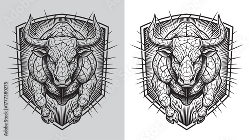 Muscular Bull Leaping Forward with Cracked Texture and Spiked Shield Outline