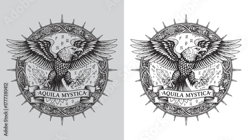 Majestic Eagle Engraving with Spread Wings, Mystic Runes, and 'AQUILA MYSTICA' Banner