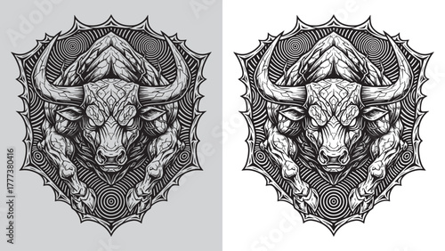 Aggressive Bull Head with Muscular Body and Abstract Mandala Pattern Shield
