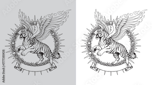 Flying Winged Tiger with Flaming Heart and Runic Symbols in Thorny Wreath