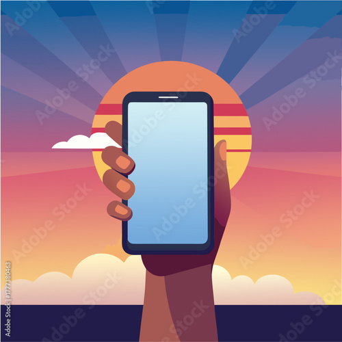 “Hand holding smartphone at sunset”
