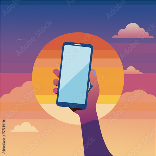 “Hand holding smartphone at sunset”
