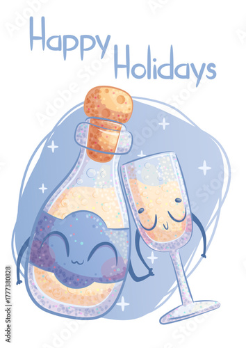 Christmas and New Year greeting card design template. A nice bottle and a glass of champagne. A smiling character. Children's vector cartoon illustration for the design of postcards, posters, banners