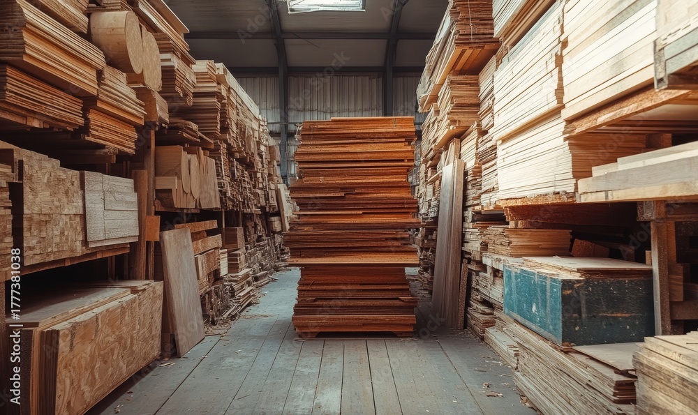 Obraz premium Wood planks and piles for construction material storage in woodworking projects. Plywood, pressboard, and building products for hobbyists, furniture makers, industrial manufacturing, Generative AI