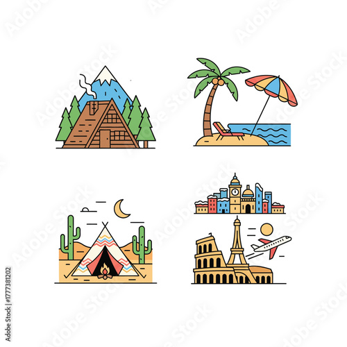 Set of four colorful line art icons depicting various travel destinations: mountain cabin, tropical beach, desert camping, and city landmarks.
