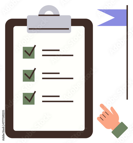 Clipboard with checked task list, goal flag, and pointing hand. Ideal for productivity, planning, organization, goal-setting, task management focus achievement. Clean simple flat metaphor