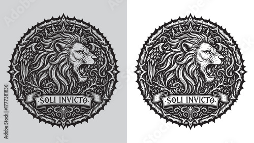 Fierce Lion Head Profile with Wings and 'SOLI INVICTO' Banner on Dark Engraved Background