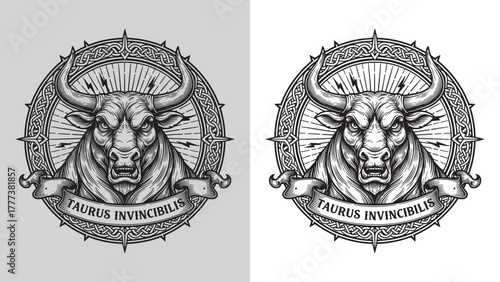 Angry Bull Head with Celtic Knot Border, Lightning, and 'TAURUS INVINCIBILIS' Banner