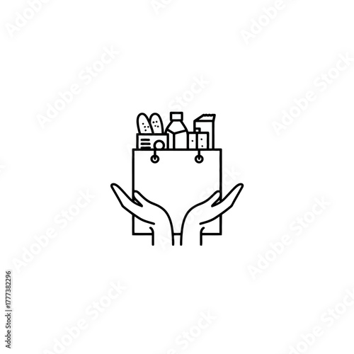 Grocery bag held in hands minimalist icon delivering food supplies
