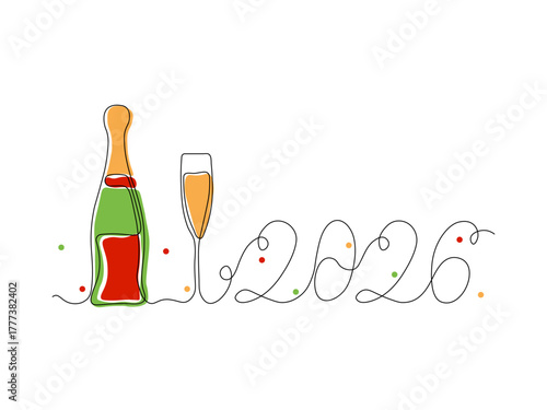 Happy New Year holiday card, champagne and numbers 2026. continuous single one line art hand drawing sketch, logo on white background
