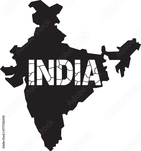 India map silhouette cracked text graphic design vector illustration South Asia nation contour