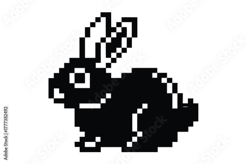 Pixelated Black Rabbit Silhouette on White Background