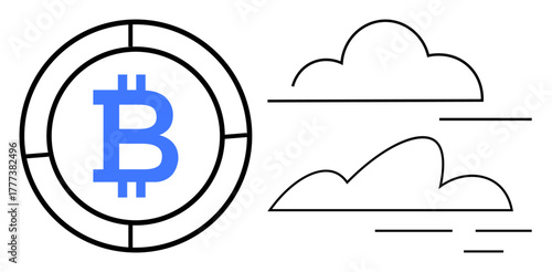 Bitcoin logo within a circle with clean black outlines, next to outline-style clouds and lines. Ideal for cryptocurrency, finance, blockchain, digital economy, innovation, technology, decentralized