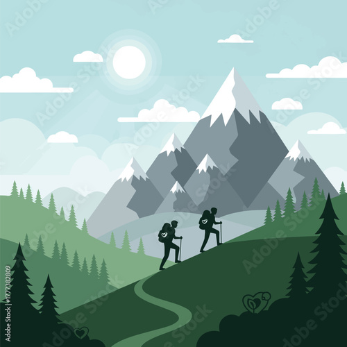 Mountain day vector landscape, hikers climbing mountains, nature conservation theme, flat minimal outdoor design