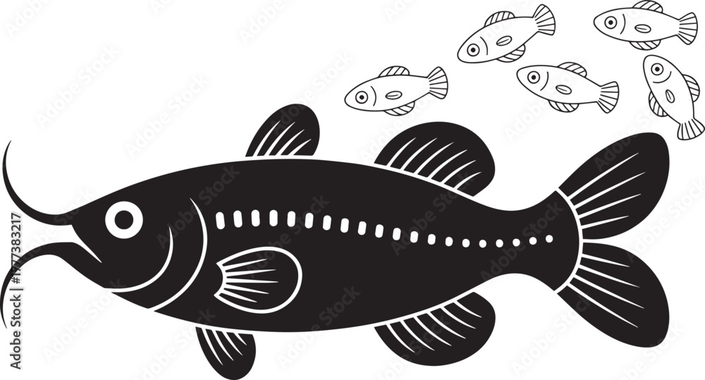 Fototapeta premium Large barbel fish outline profile view with dotted lines and small shoal vector graphic