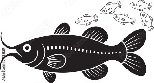 Large barbel fish outline profile view with dotted lines and small shoal vector graphic