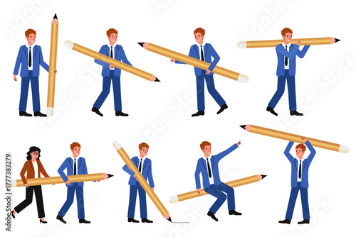 Business professionals engaging in creative activities while holding oversized pencils in a fun office setting