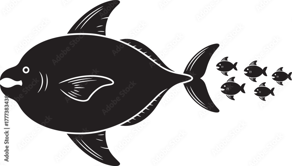 Naklejka premium Large deep bodied fish chasing smaller shoal schooling marine animal vector illustration