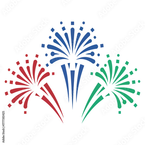 A vibrant graphic illustration of three fireworks exploding in red, blue, and green for a celebration.