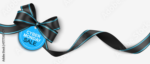 Decorative black bow with blue price tag isolated on white. Cyber monday sale design. Vector stock illustration. Not AI	
