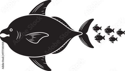 Large deep bodied fish chasing smaller shoal schooling marine animal vector illustration