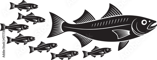 Large Cod Fish Silhouette Chasing Group Small Bait Fish Vector Illustration Image