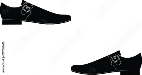 The image features two pairs of black men's dress shoes, both designed with a side buckle, showcasing a sophisticated and formal aesthetic.