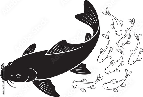 Large Koi Carp Silhouette Swimming With Smaller Outline School Of Fish Vector Illustration