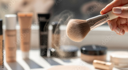 Application of makeup brush dusting powder in beauty routine  