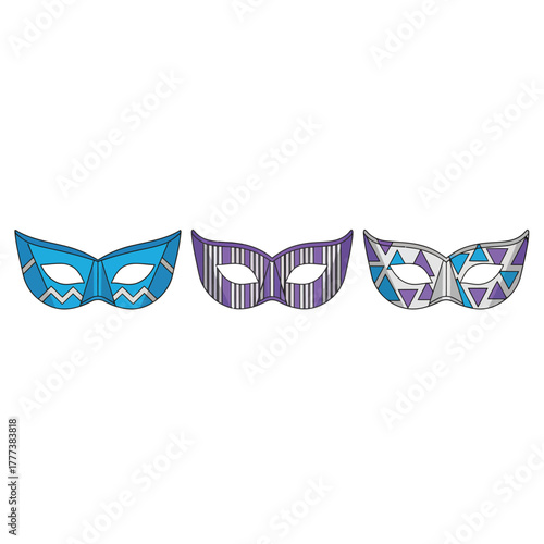 A collection of three colorful masquerade masks featuring various geometric patterns and designs, isolated on a white background.