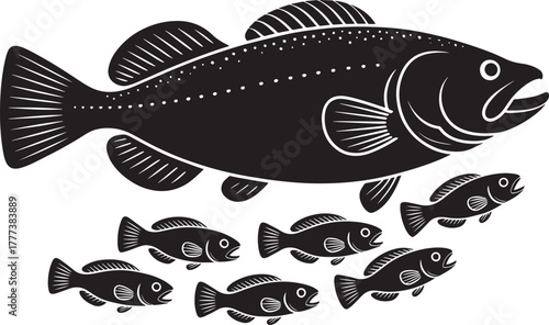 Large spotted fish predator with open mouth and six small fish following vector drawing art