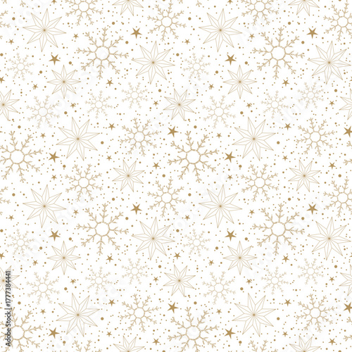 A hand-drawn Christmas seamless pattern with snowflakes and stars on a white background. Vector illustration for gift wrapping paper, fabric, apparel, textiles, surface textures, and scrapbooks.