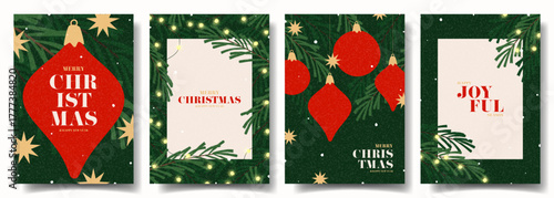 Holiday Christmas and New Year posters. Trendy vector illustration with Christmas balls, garlands, Christmas tree and typography design. New Year flyers for card, poster, cover, social media.