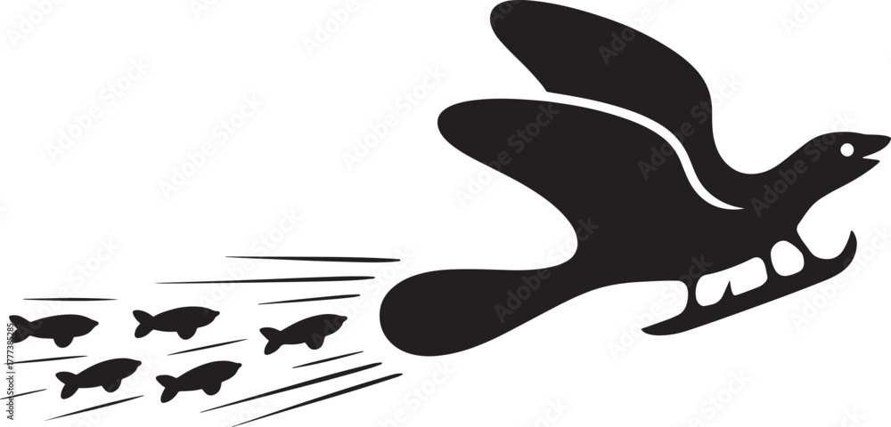 Fototapeta premium Stylized bird flying away school small fish speed trails dynamic motion pursuit vector