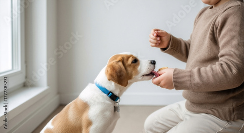 Child feeding a puppy a treat indoors by the window  