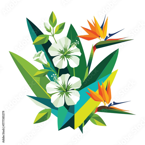 A beautiful low-poly composition of exotic tropical flora, featuring white hibiscus and vibrant bird of paradise flowers, isolated on a white background