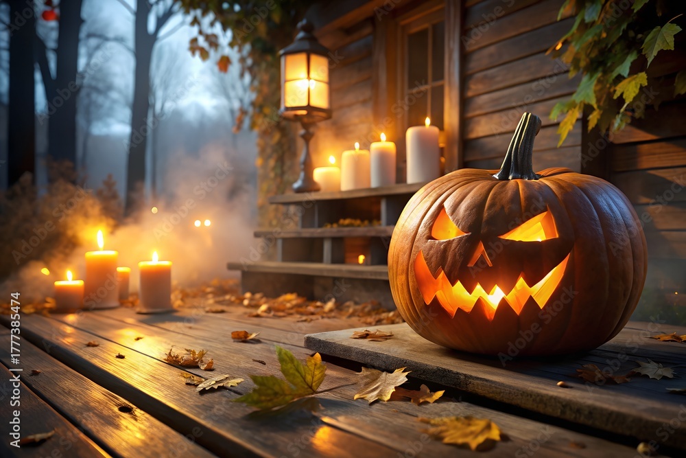 Obraz premium Halloween Pumpkin Outdoor Scene Jack O Lantern Decorated Porch Autumn Fall Season Decoration Candle Light