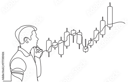 Continuous line drawing of a person analyzing a rising financial chart with candlestick patterns. businessman, thoughtful, stock market analysis, trading decisions, and investment strategy.