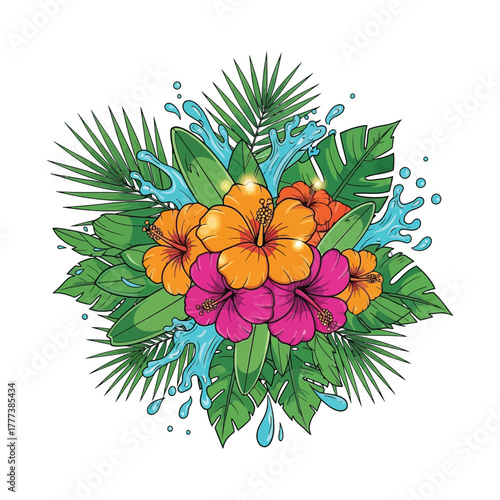 Vibrant tropical bouquet with colorful hibiscus flowers, exotic palm leaves, and refreshing water splashes on a white background