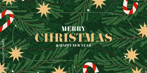 Greeting Christmas and New Year banner. Trendy vector illustration with candy canes, stars, Christmas tree and typography design. New Year banner for card, poster, cover, social media.