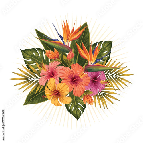 Vibrant tropical flower bouquet featuring exotic hibiscus and bird of paradise blooms with lush palm leaves, perfect for summer designs and island-themed graphics