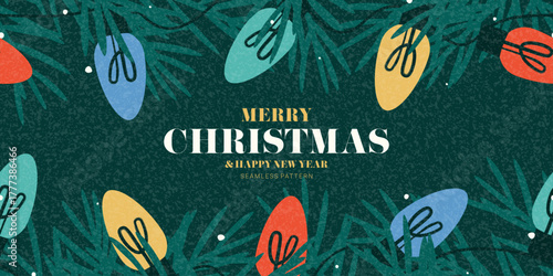 Christmas and New Year seamless pattern. Trendy vector illustration with colorful garlands, Christmas tree and typography design. Seamless holiday New Year banner for ads, decor, cover, social media.