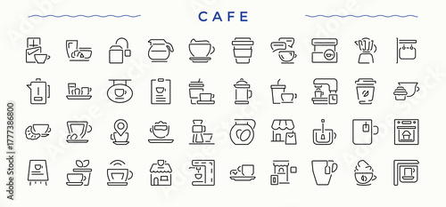 Cafe line icon set. Minimal icons set. Related to kitchen, table, cafes, drink, food. Editable stroke. Pixel Perfect. Food icon pack.